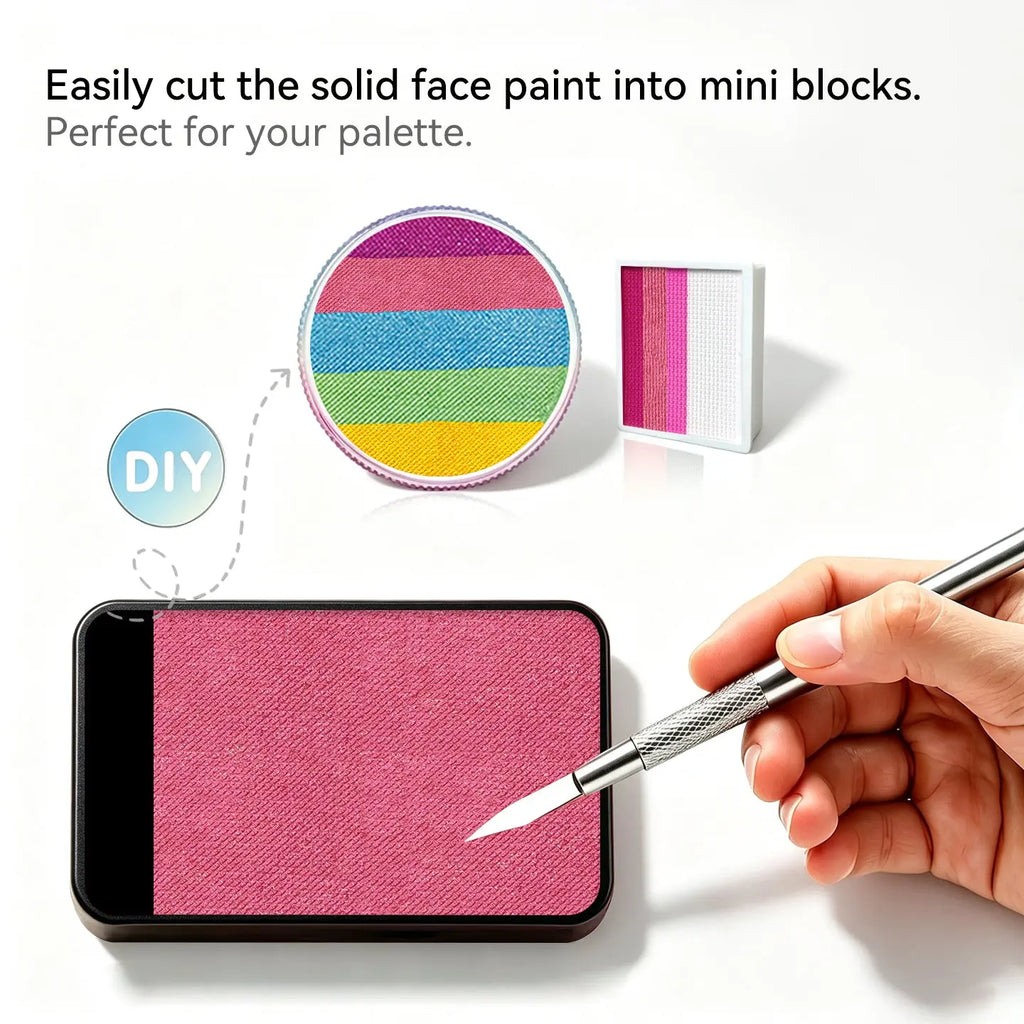 Cut Anka Bella solid pearl vivid red face paint into mini blocks to build custom DIY split cake face paint palette