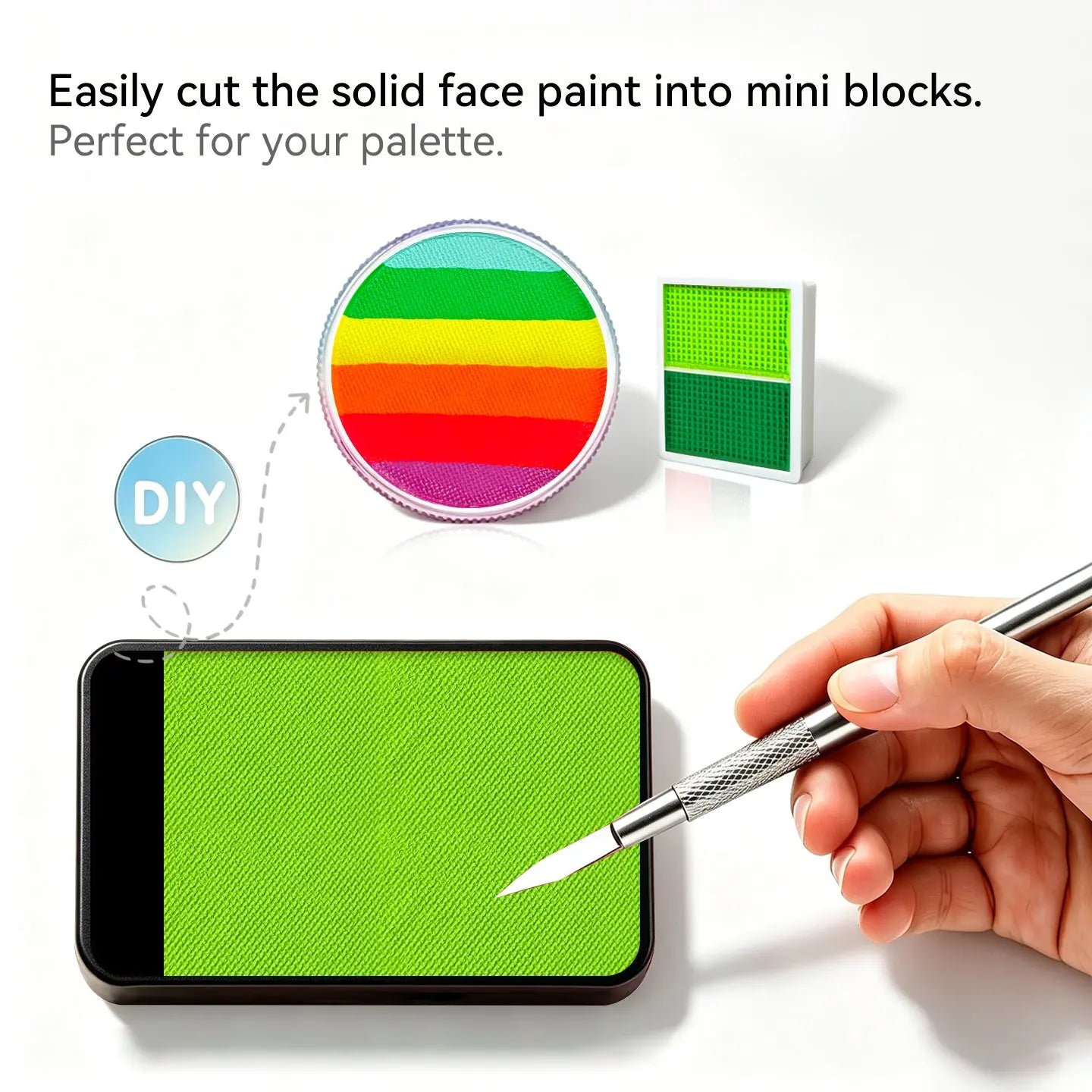 DIY cut Anka Bella solid face paint into mini blocks to build custom face paint palette