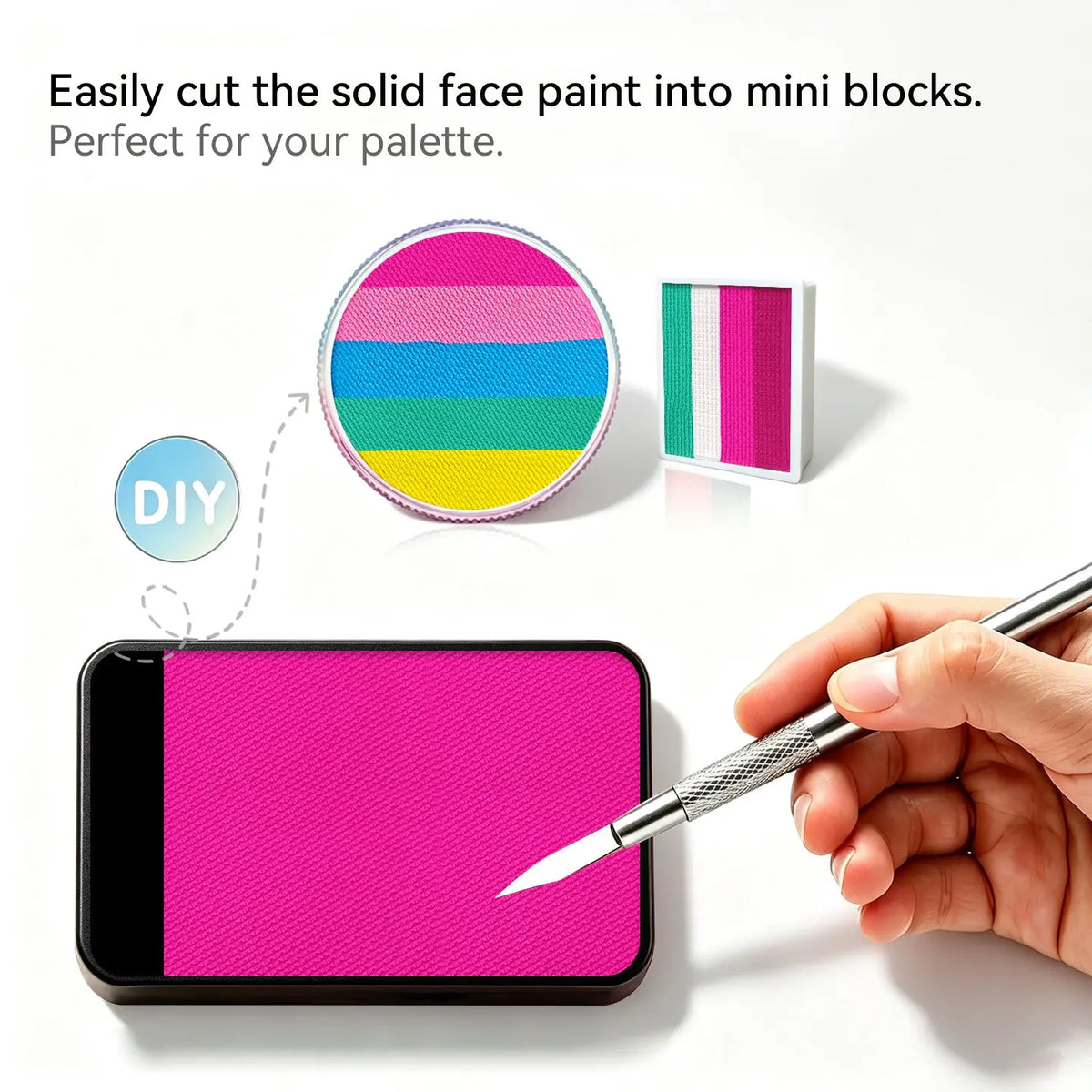 DIY cut solid face paint block, Anka Bella matte pink face paint for custom palette