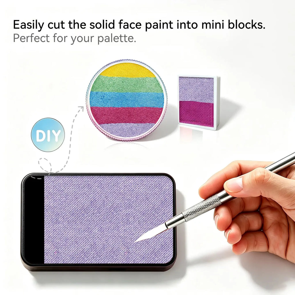 DIY cut Anka Bella solid pearl pastel purple face paint into mini blocks to build custom split‑cake face paint palette