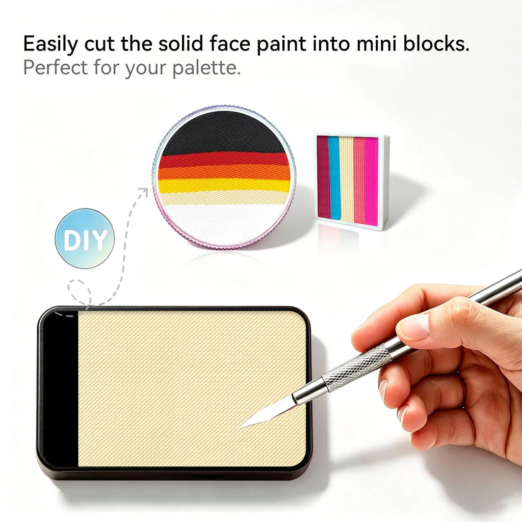 Cut Anka Bella solid matte beige face paint into mini blocks to build custom DIY split‑cake face paint palette