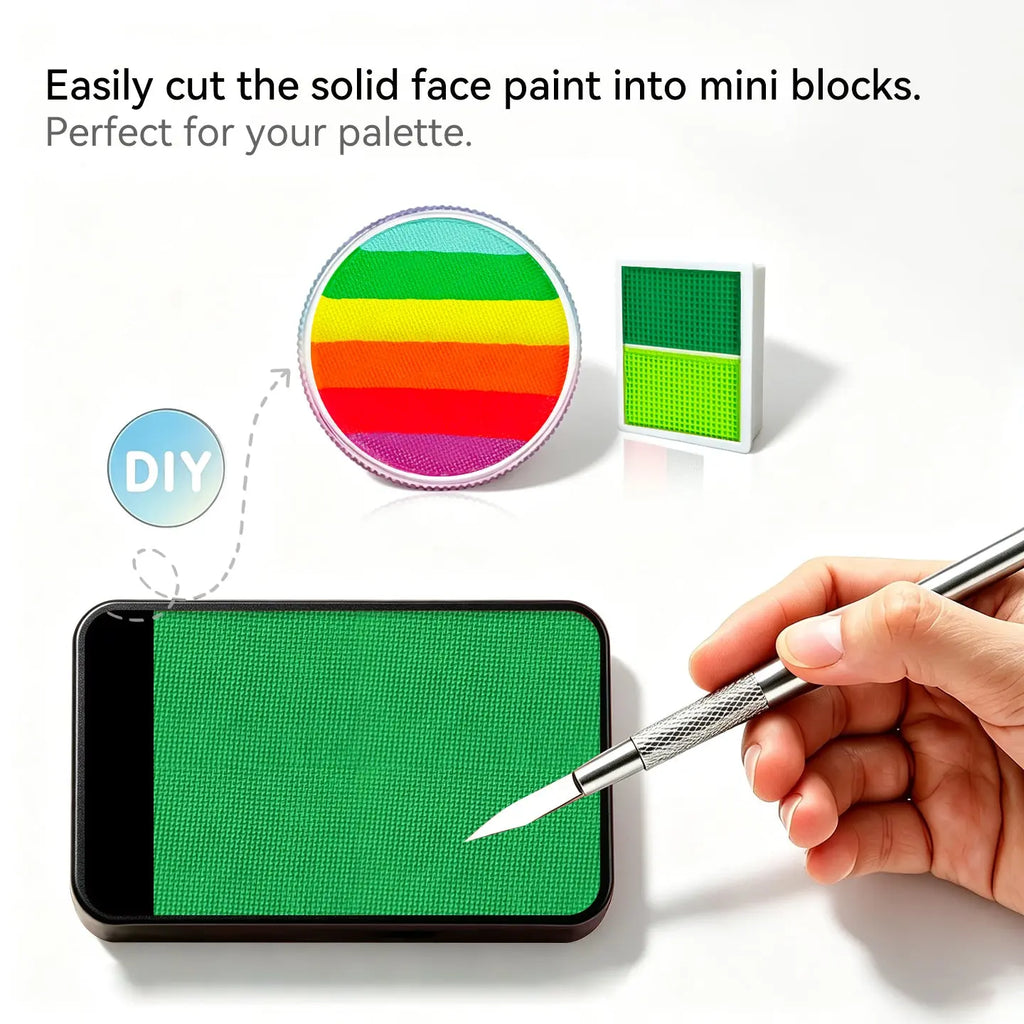 Cut Anka Bella solid UV lime green face paint into mini blocks to build custom DIY split cake face paint palette