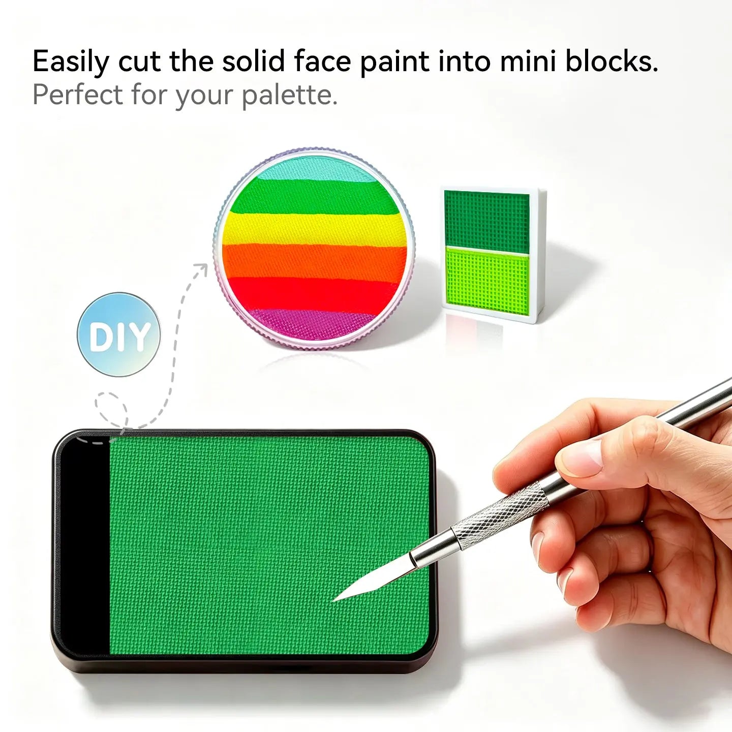 Cut Anka Bella solid UV lime green face paint into mini blocks to build custom DIY split cake face paint palette