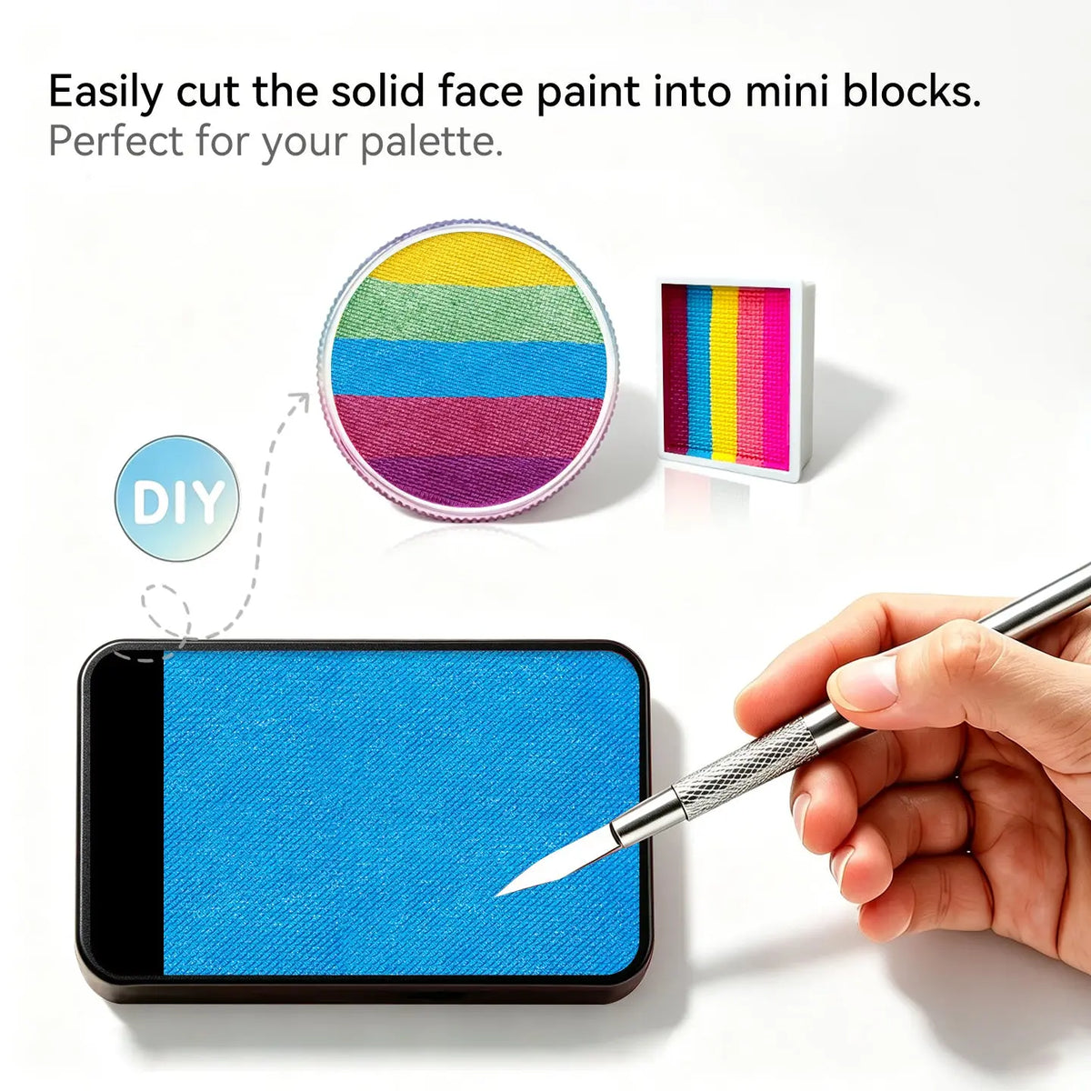DIY cut Anka Bella solid pearl‑blue face paint into mini blocks to build custom split‑cake face paint palette