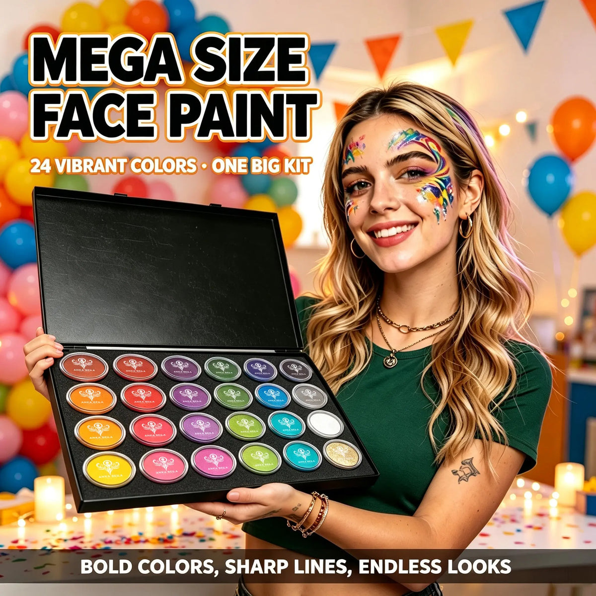 Anka Bella mega size 24 vibrant colors face paint kit, skin safe non-toxic face body paint for Halloween party carnival makeup