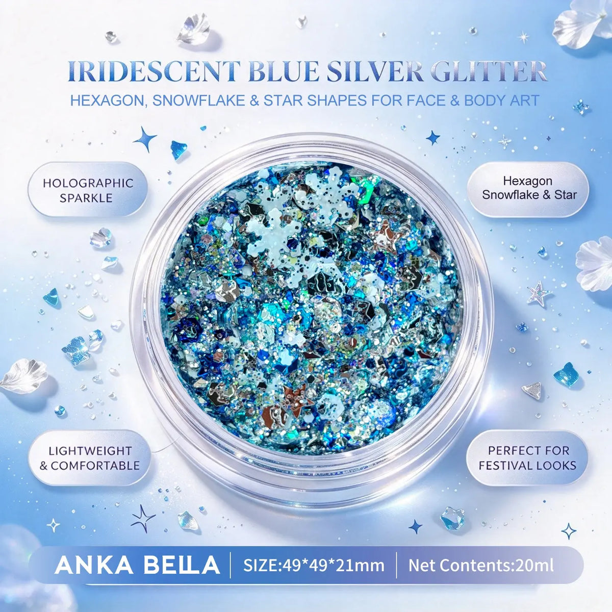 Anka Bella iridescent blue silver holographic face body glitter jar, snowflake star hexagon sequins for festival makeup
