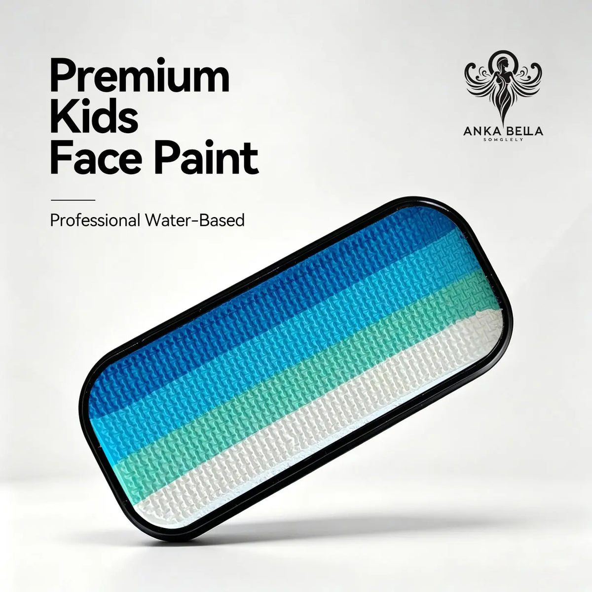 Anka Bella premium kids water-based face paint palette, 4 stripe deep blue turquoise mint green white gradient in black tin for ocean theme party face art