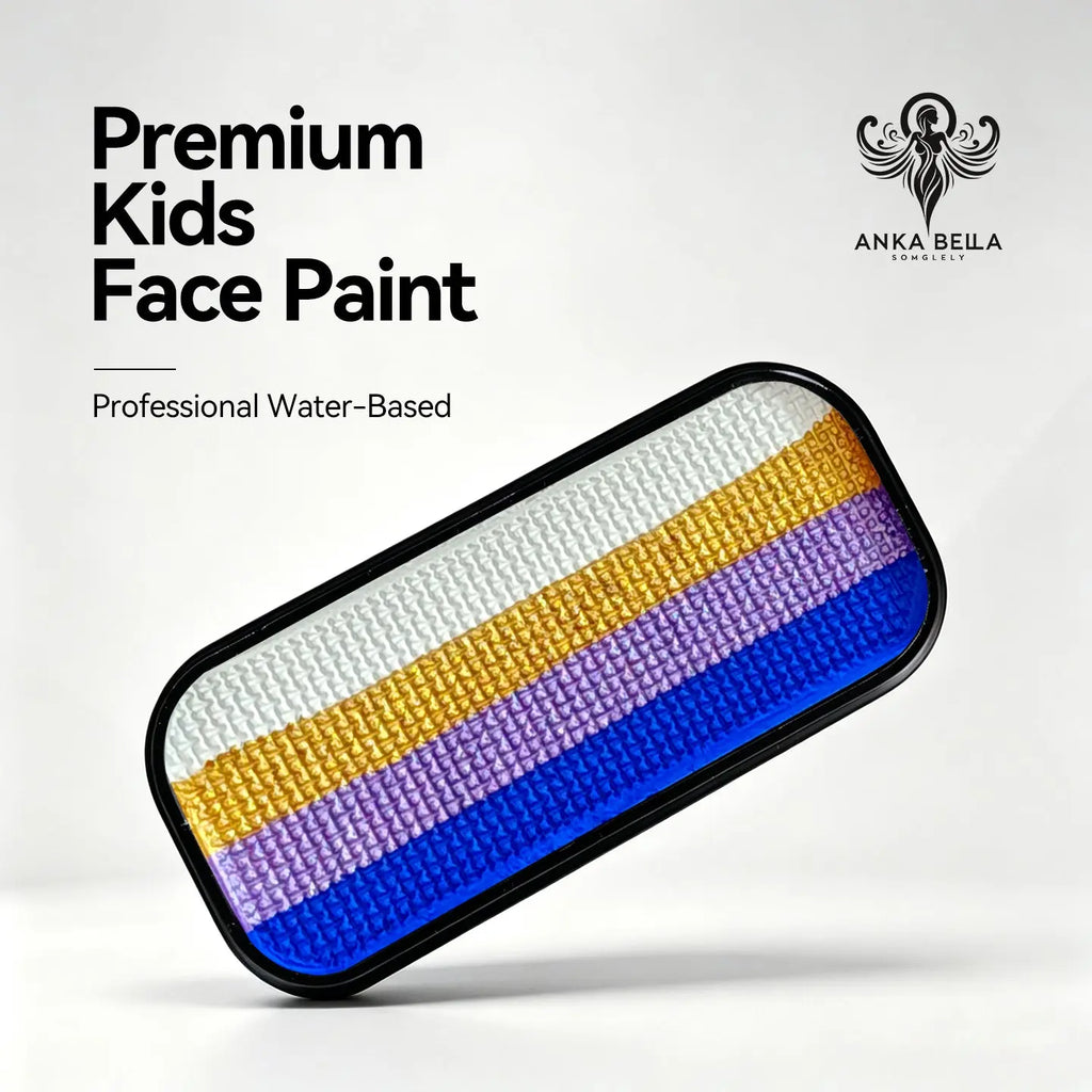 Anka Bella premium kids water-based face paint palette, 4 stripe royal blue lavender gold white gradient face body paint in black tin for space superhero face art