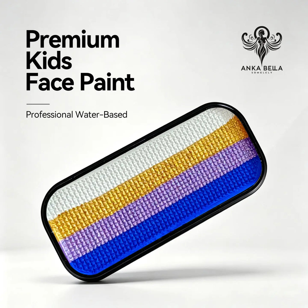 Anka Bella premium kids water-based face paint palette, 4 stripe royal blue lavender gold white gradient face body paint in black tin for space superhero face art