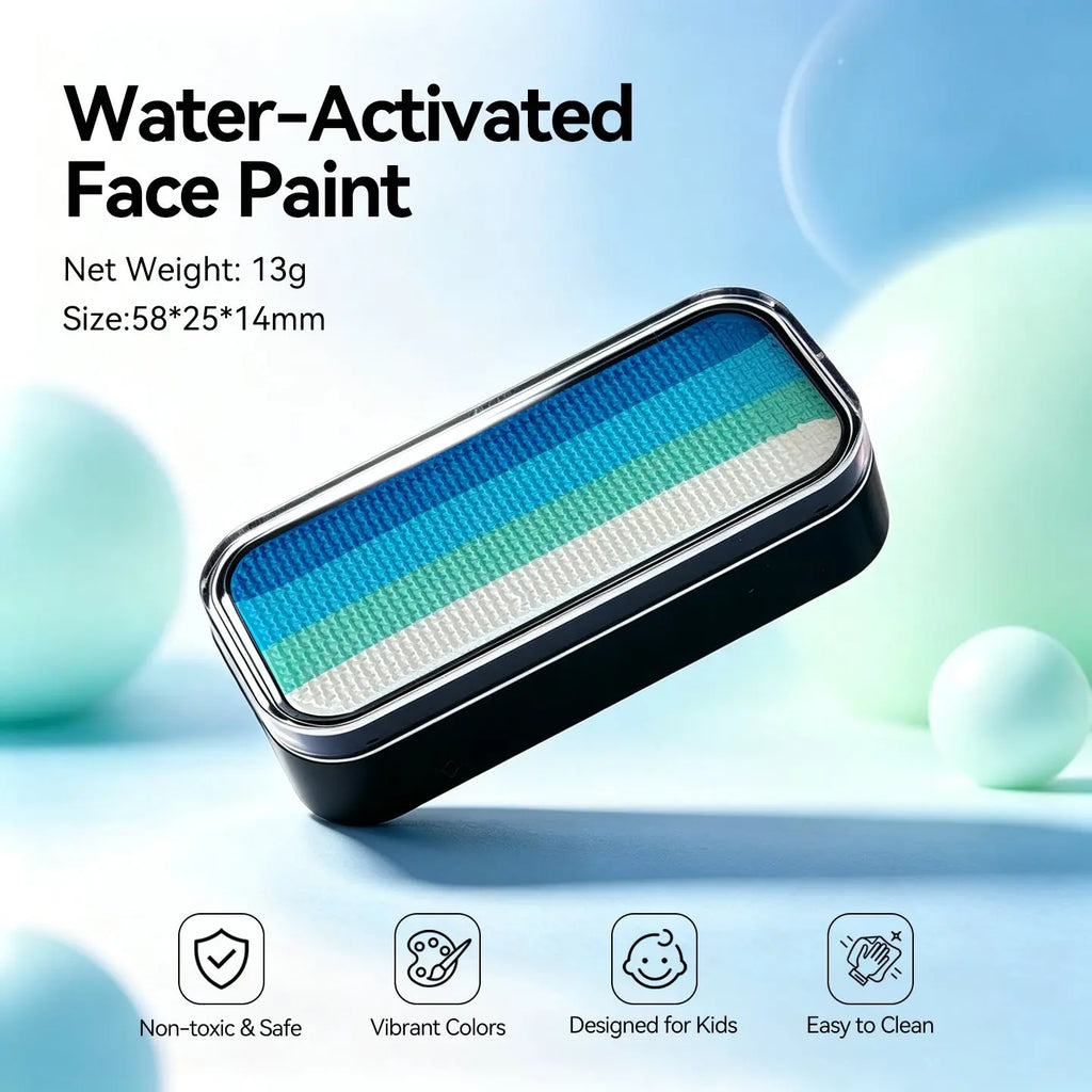 Anka Bella water-activated blue turquoise mint green face paint tin palette, 13g 58x25x14mm non-toxic vibrant colors designed for kids easy to clean costume makeup