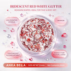 Anka Bella iridescent red white holographic face body glitter jar, hexagon sequins for festival makeup