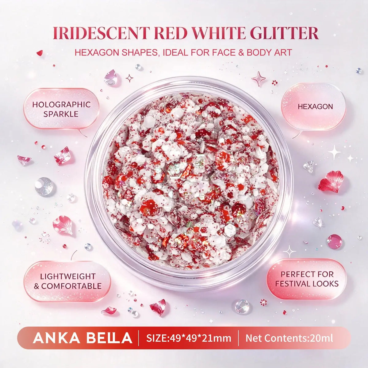 Anka Bella iridescent red white holographic face body glitter jar, hexagon sequins for festival makeup
