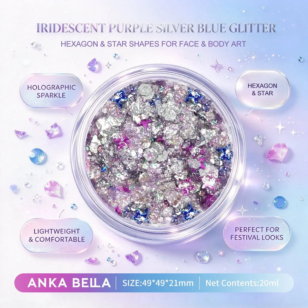 Anka Bella iridescent purple silver blue holographic face body glitter jar, star hexagon sequins for festival makeup