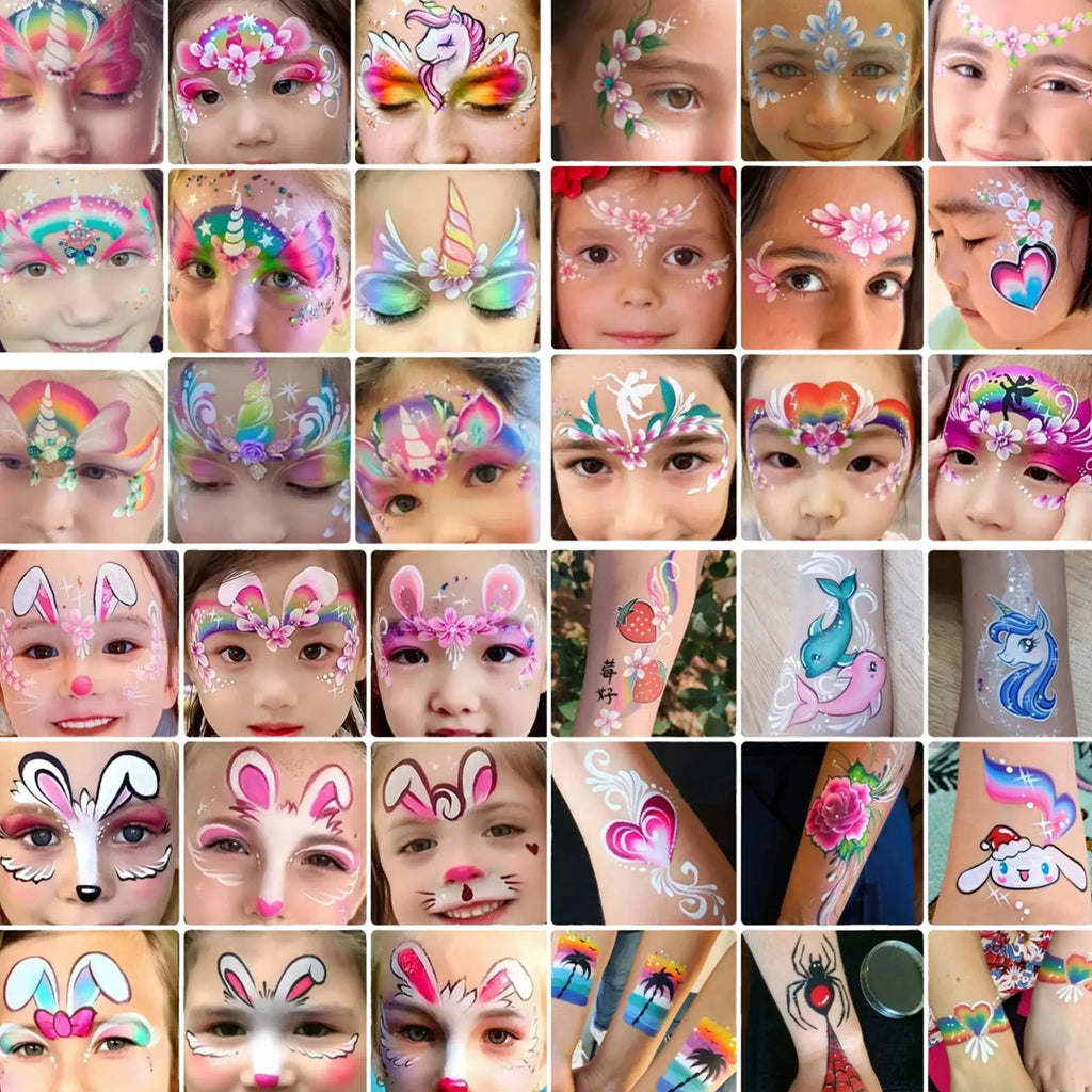 Face painting inspiration gallery, unicorn flower bunny designs made with Anka Bella brushes