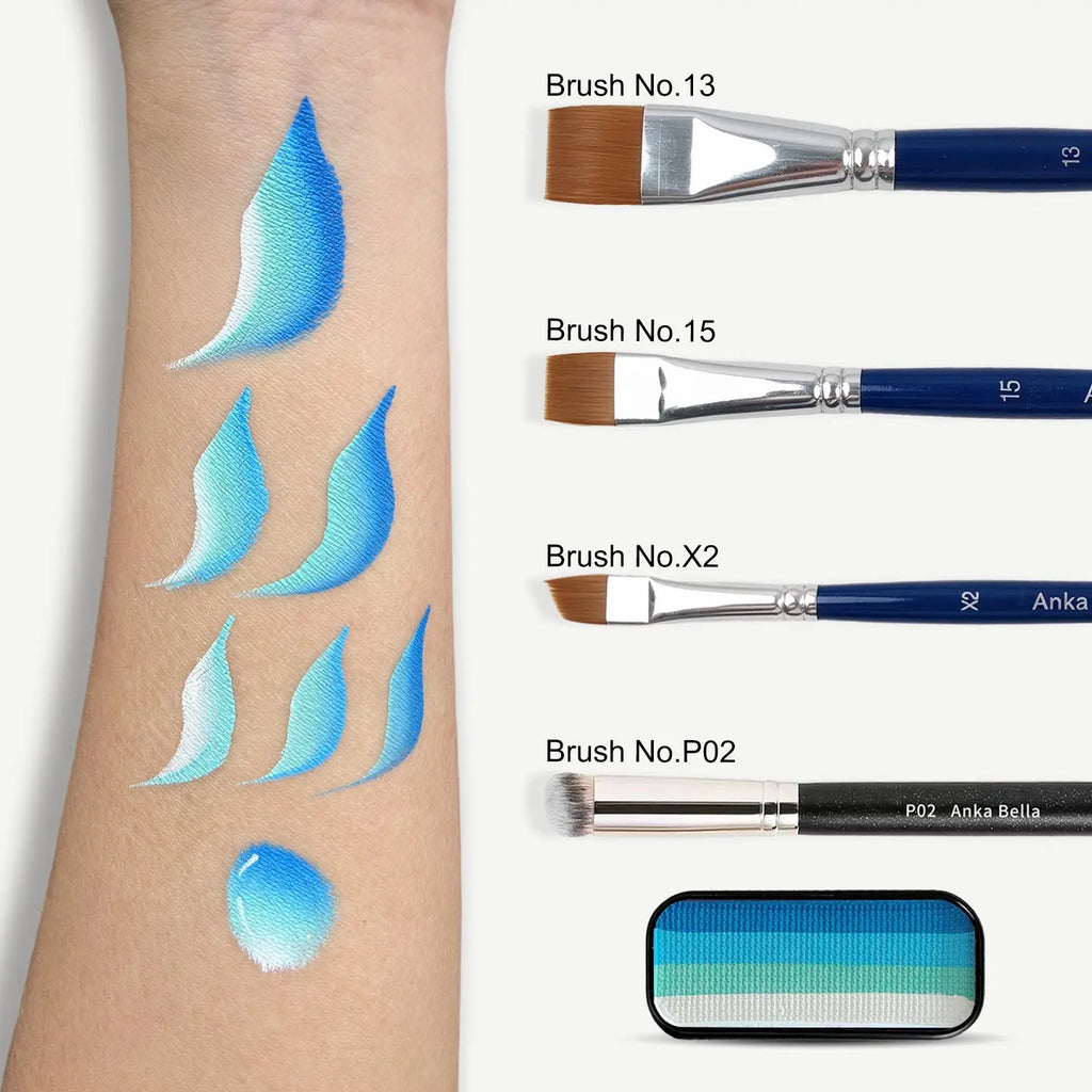 Anka Bella face paint swatch on arm with face painting brushes, blue-turquoise-mint-green