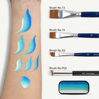 Anka Bella face paint swatch on arm with face painting brushes, blue-turquoise-mint-green