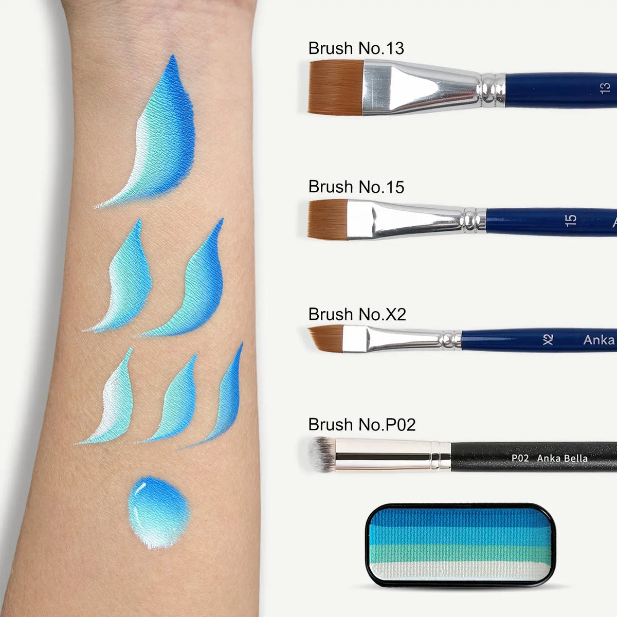 Anka Bella face paint swatch on arm with face painting brushes, blue-turquoise-mint-green