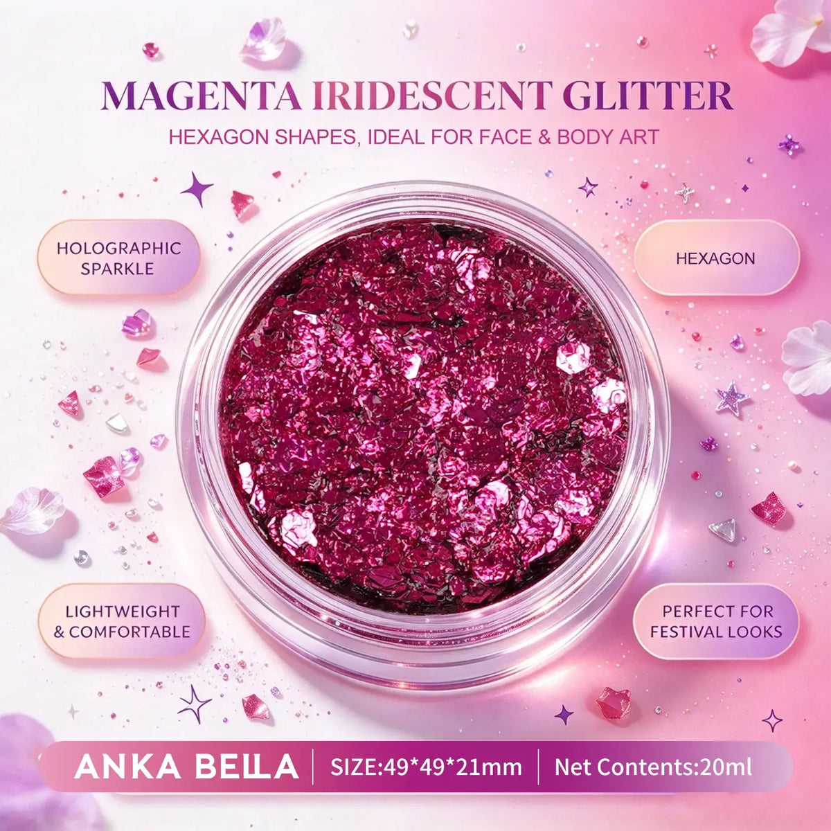  Anka Bella magenta iridescent holographic face body glitter jar, hexagon sequins for festival party makeup