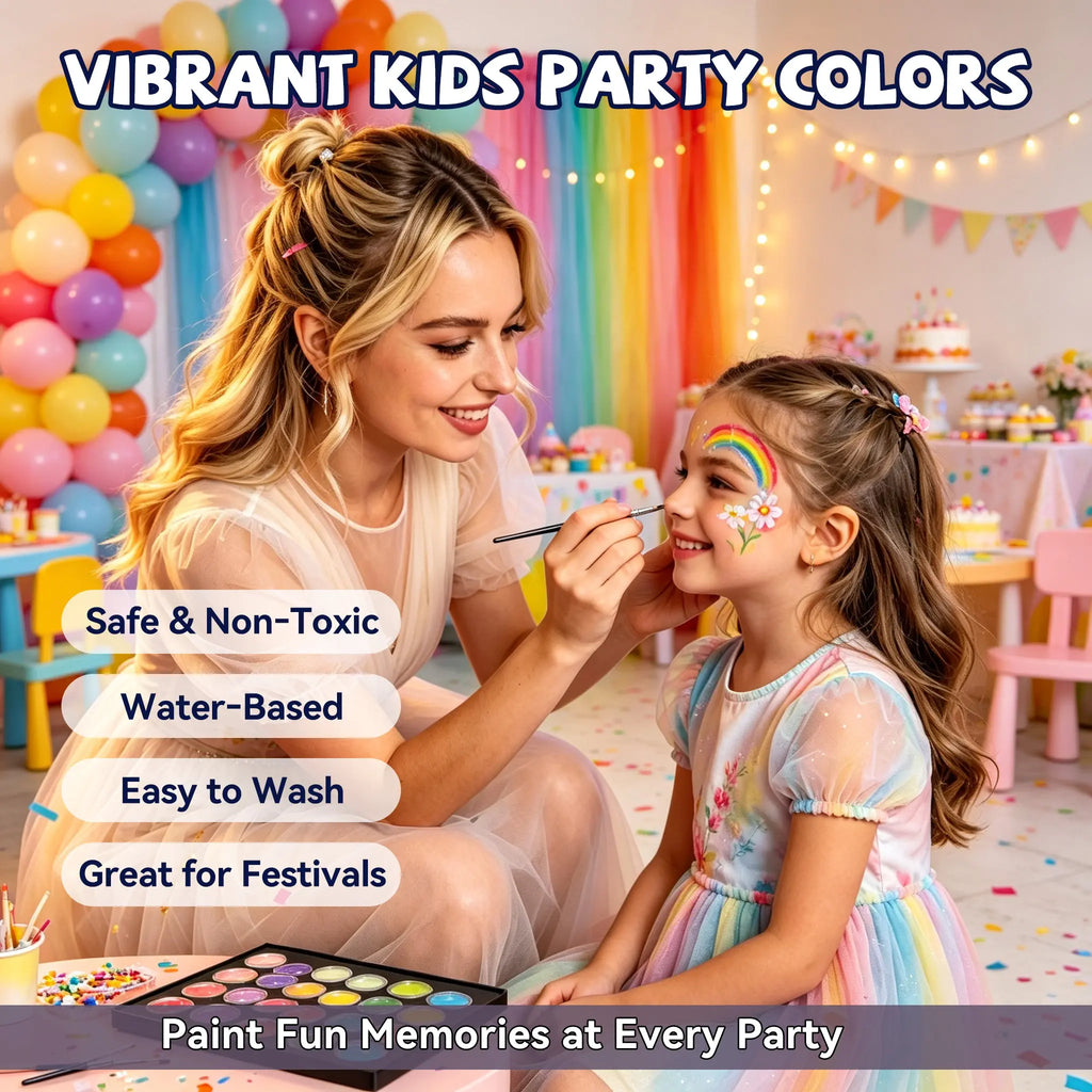 Kids party face painting scene, Anka Bella water based shimmer face paint easy to wash