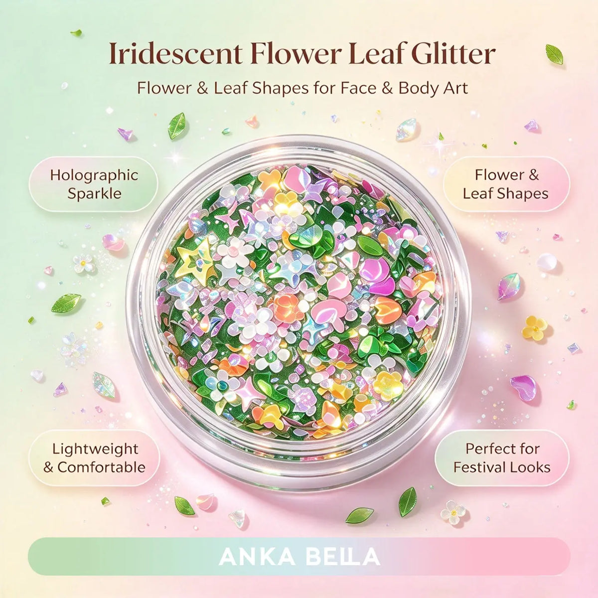 Anka Bella iridescent flower leaf glitter jar, mixed flower leaf holographic sequins for face body festival makeup