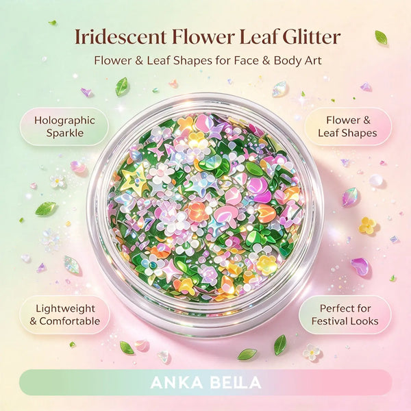 Anka Bella iridescent flower leaf glitter jar, mixed flower leaf holographic sequins for face body festival makeup
