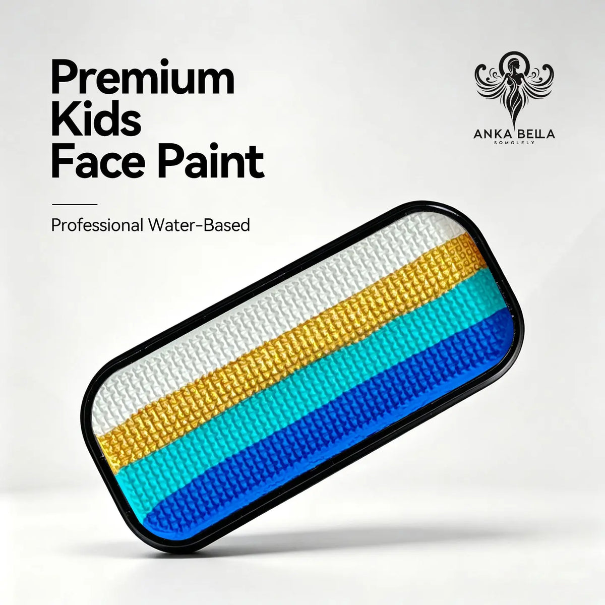 Anka Bella premium kids water-based face paint palette, 4 stripe turquoise royal blue gold white gradient face body paint in black tin for mermaid ocean face art