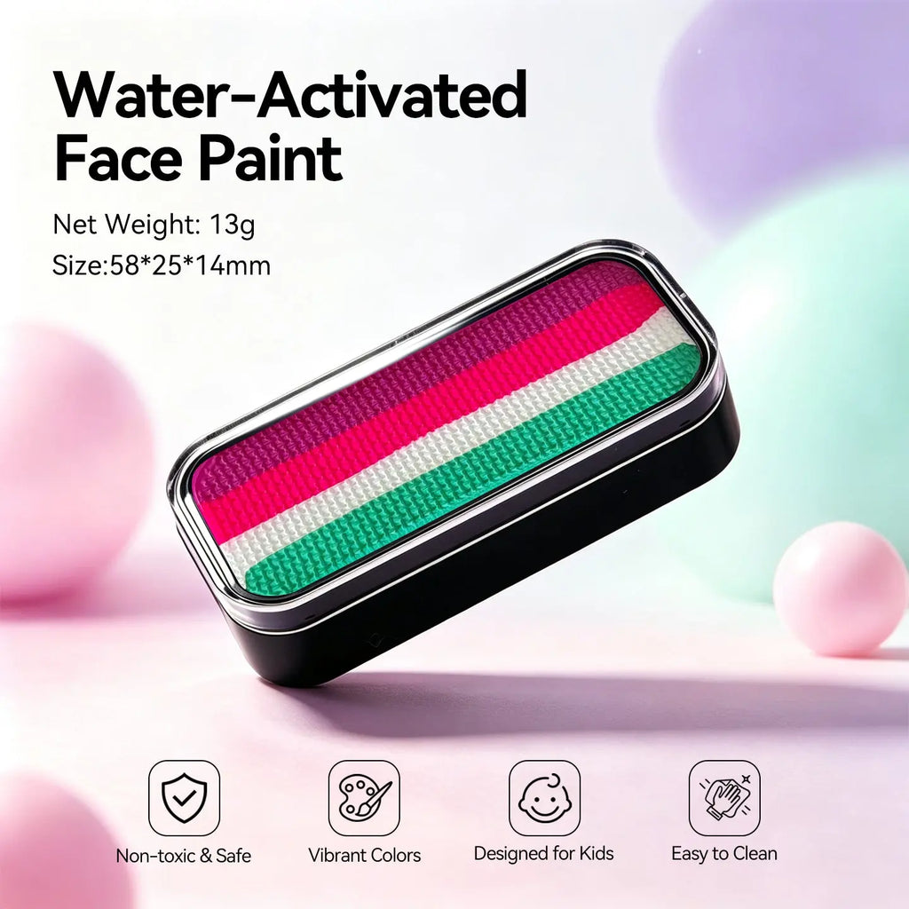 Anka Bella water-activated purple pink white green face paint tin palette, 13g 58x25x14mm non-toxic vibrant colors designed for kids easy to clean costume makeup
