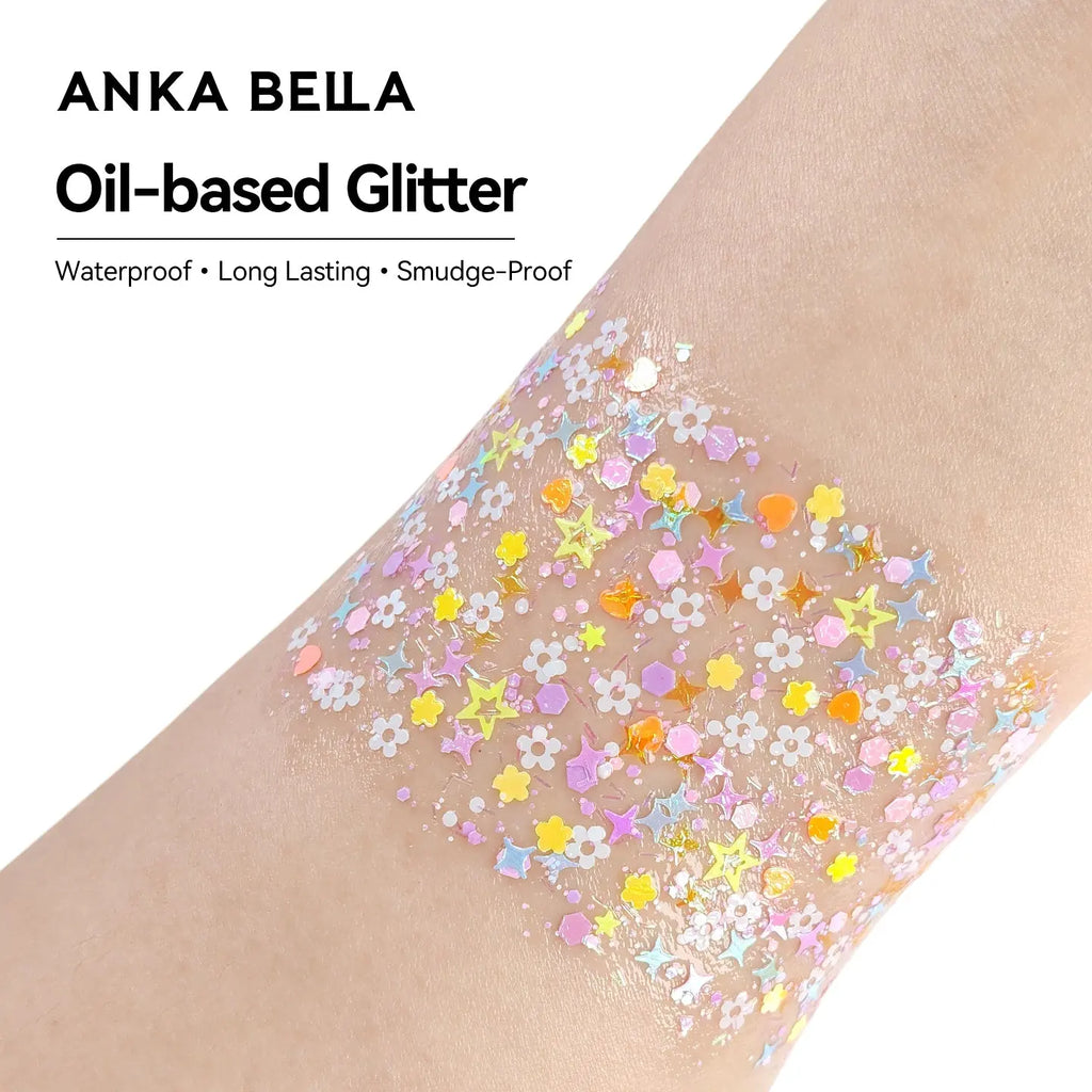 Anka Bella Iridescent Orange Pink Purple Glitter, Flower & Star Sequins for Face & Body Makeup Anka Bella