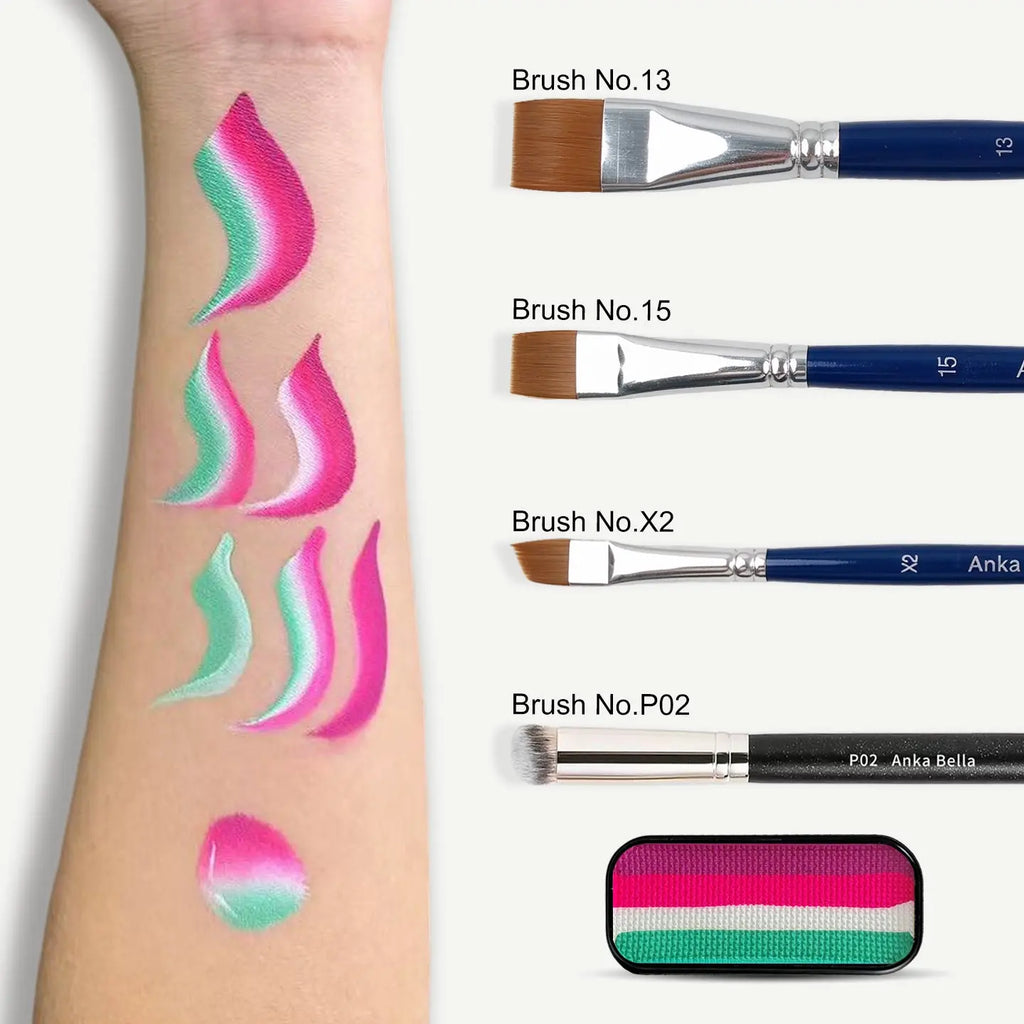 Anka Bella face paint swatch on arm with face painting brushes，purple-fuchsia-white-green