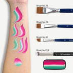 Anka Bella face paint swatch on arm with face painting brushes，purple-fuchsia-white-green