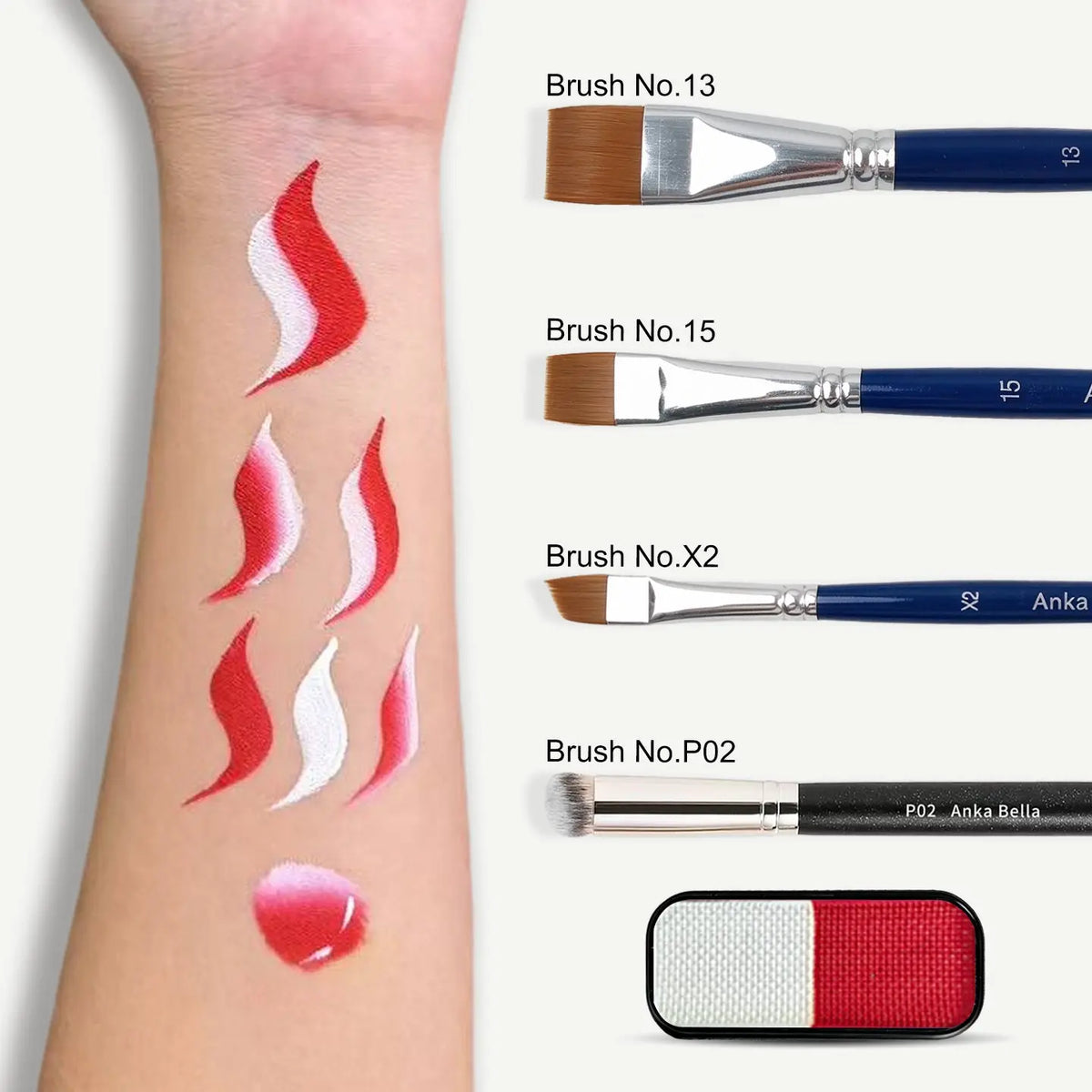 Anka Bella face paint swatch on arm with face painting brushes, red white face paint