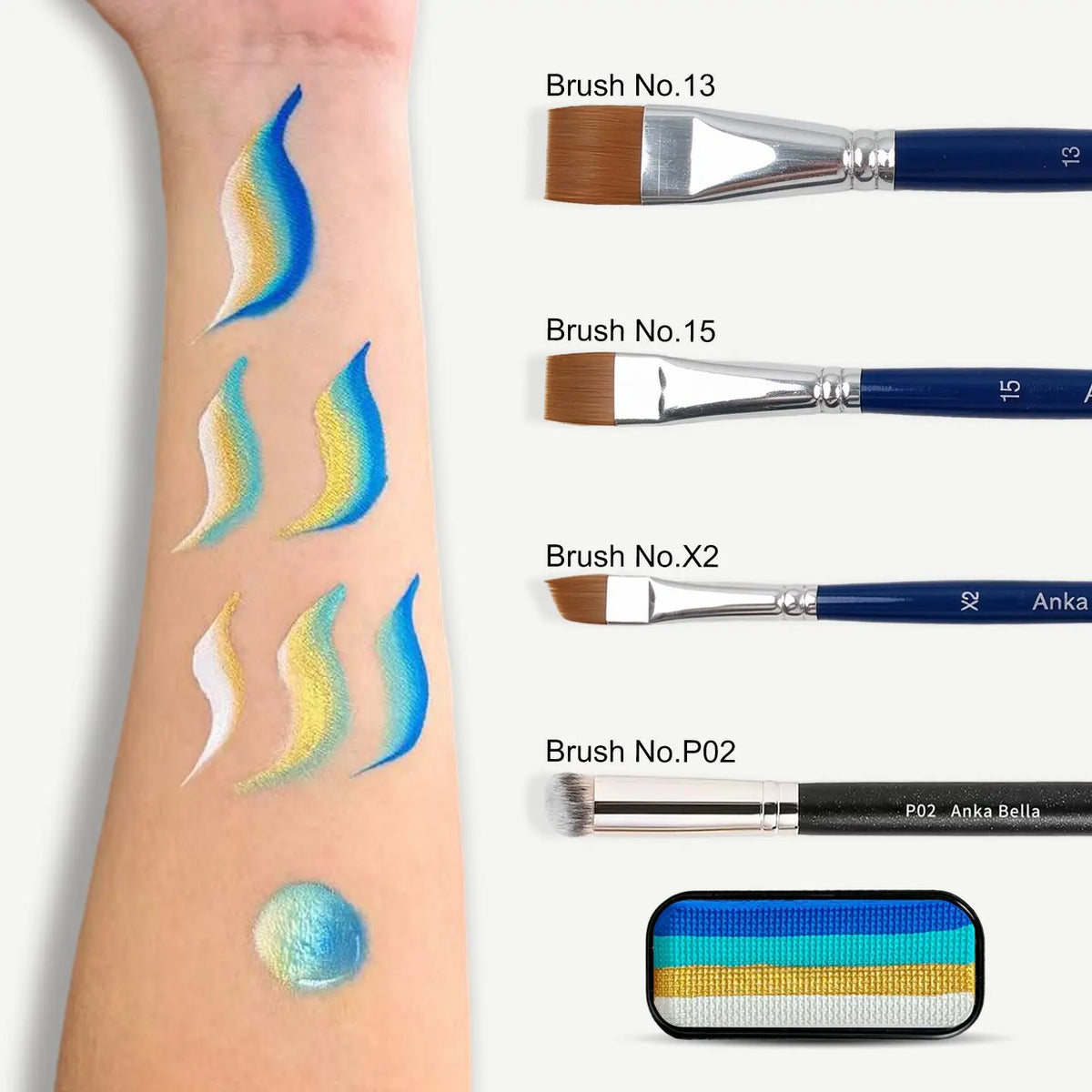 Anka Bella 4 Shade Turquoise Royal Blue Gold White Water Activated Face Paint, Non-Toxic Skin Safe Washable Kids Body Paint for Party Cosplay Anka Bella