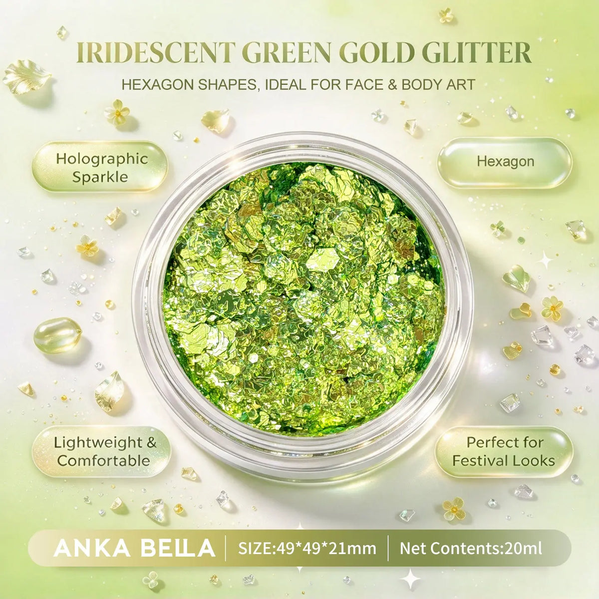 Anka Bella iridescent green gold holographic face body glitter jar, hexagon sequins for festival and St Patrick’s day makeup