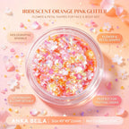 Anka Bella iridescent orange pink glitter jar, flower petal holographic sequins for face body festival makeup