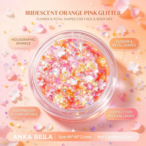 Anka Bella iridescent orange pink glitter jar, flower petal holographic sequins for face body festival makeup