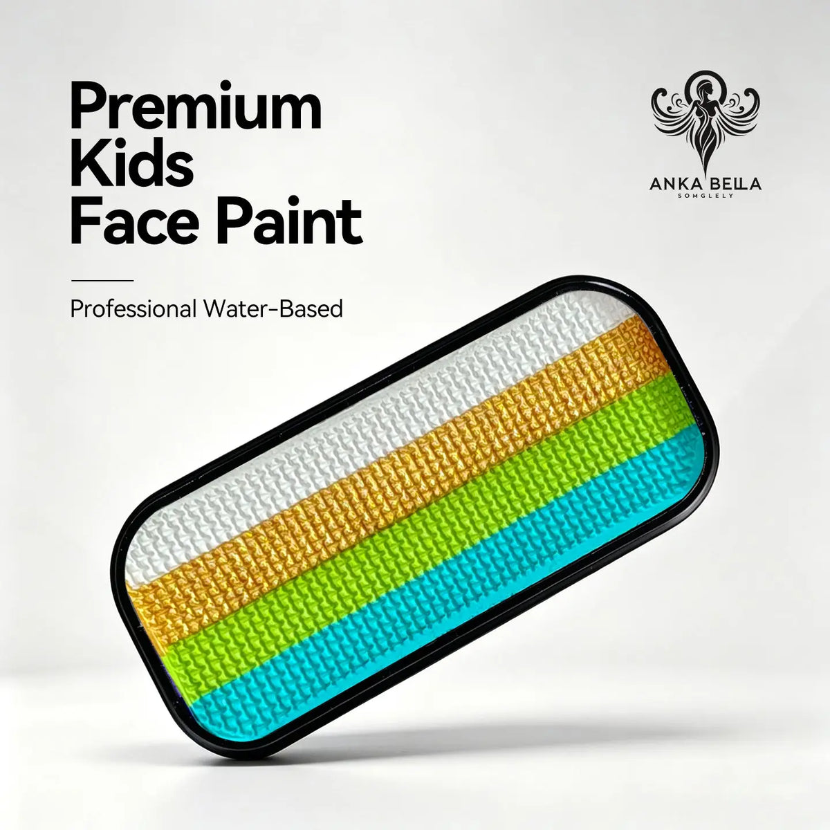 Anka Bella premium kids water-based face paint palette, 4 stripe shimmer gold lime green turquoise gradient in black tin for summer party and festival face art