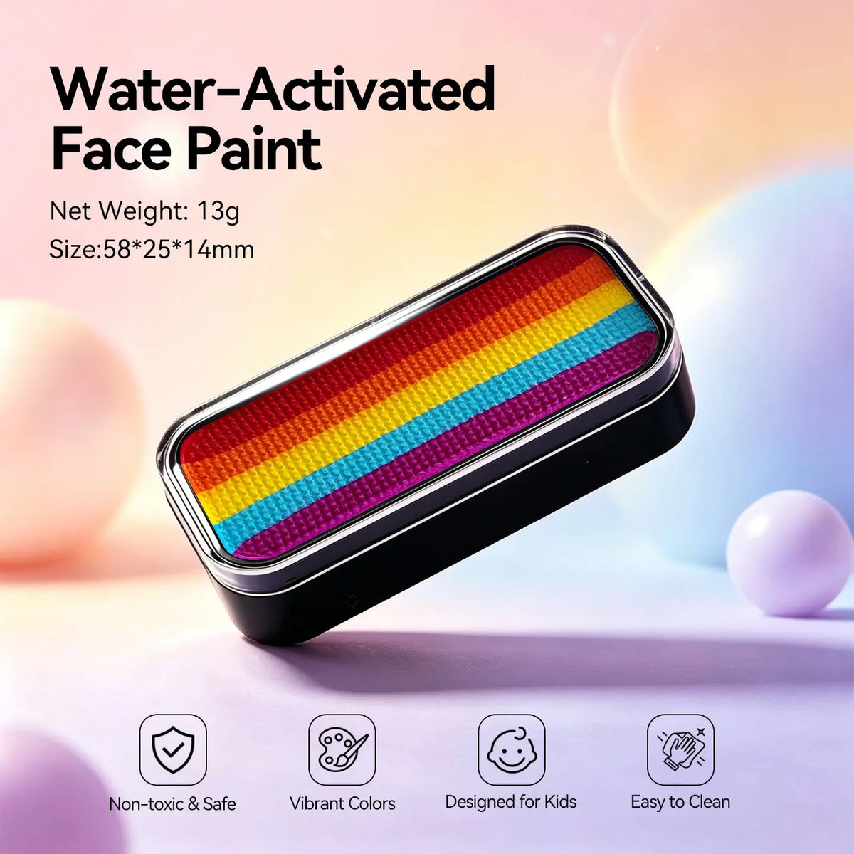 Anka Bella water-activated rainbow face paint tin palette, 13g 58x25x14mm non-toxic vibrant colors designed for kids easy to clean costume makeup