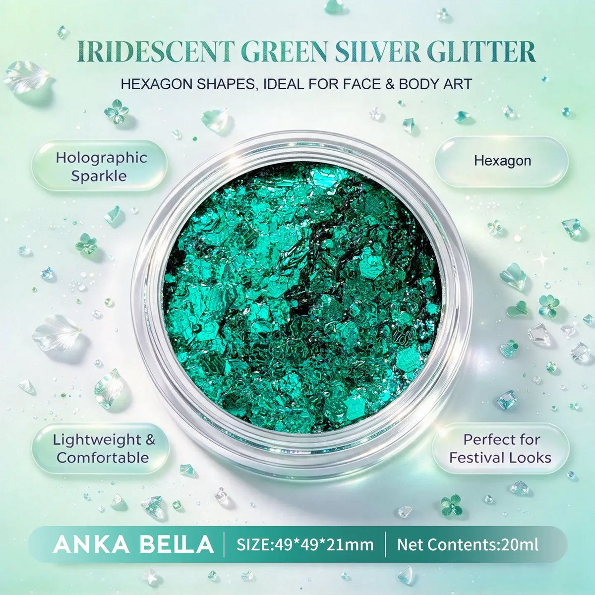 Anka Bella iridescent green silver holographic face body glitter jar, hexagon sequins for mermaid festival makeup