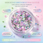 Anka Bella iridescent green blue pink glitter jar, mixed leaf petal round holographic sequins for face body festival makeup