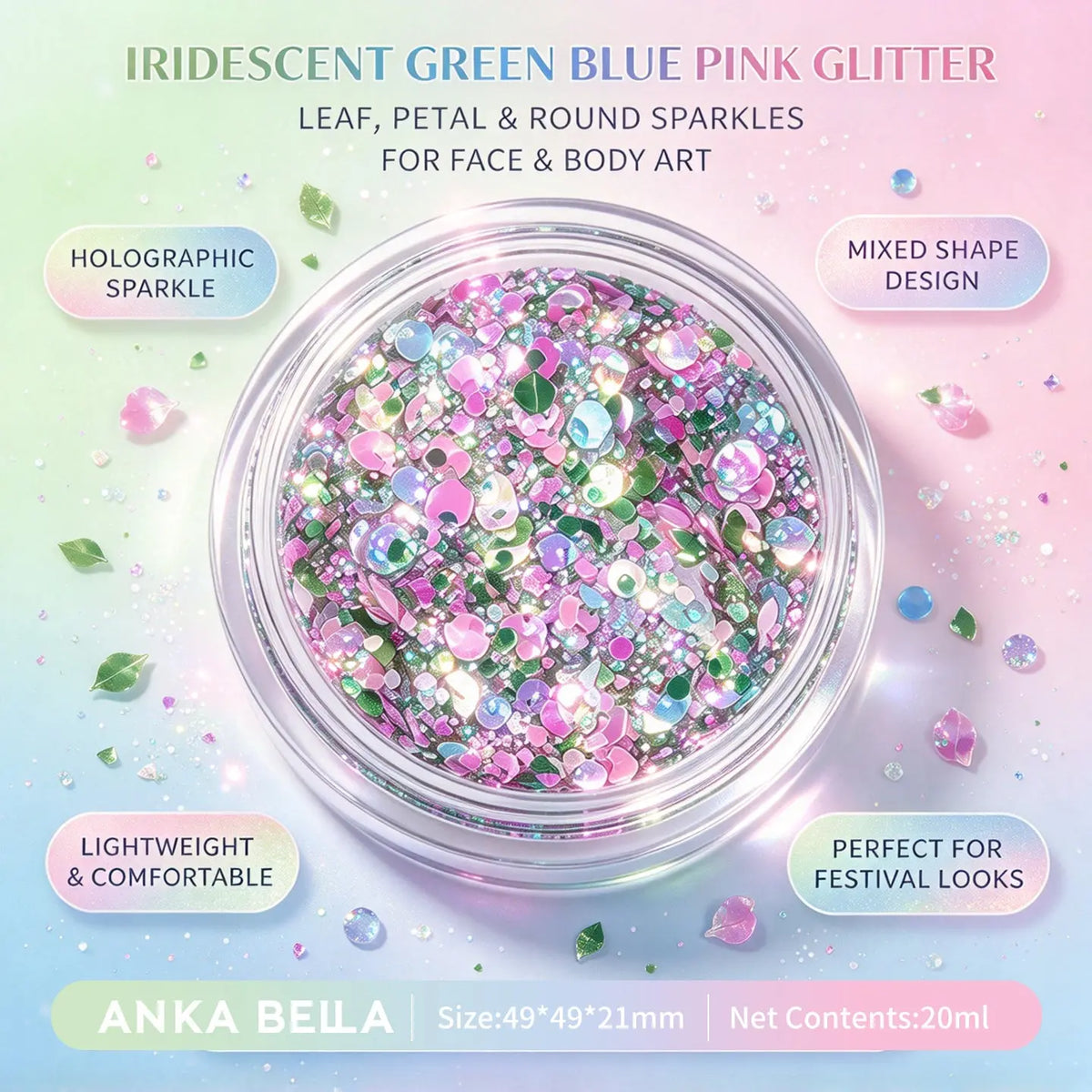Anka Bella iridescent green blue pink glitter jar, mixed leaf petal round holographic sequins for face body festival makeup