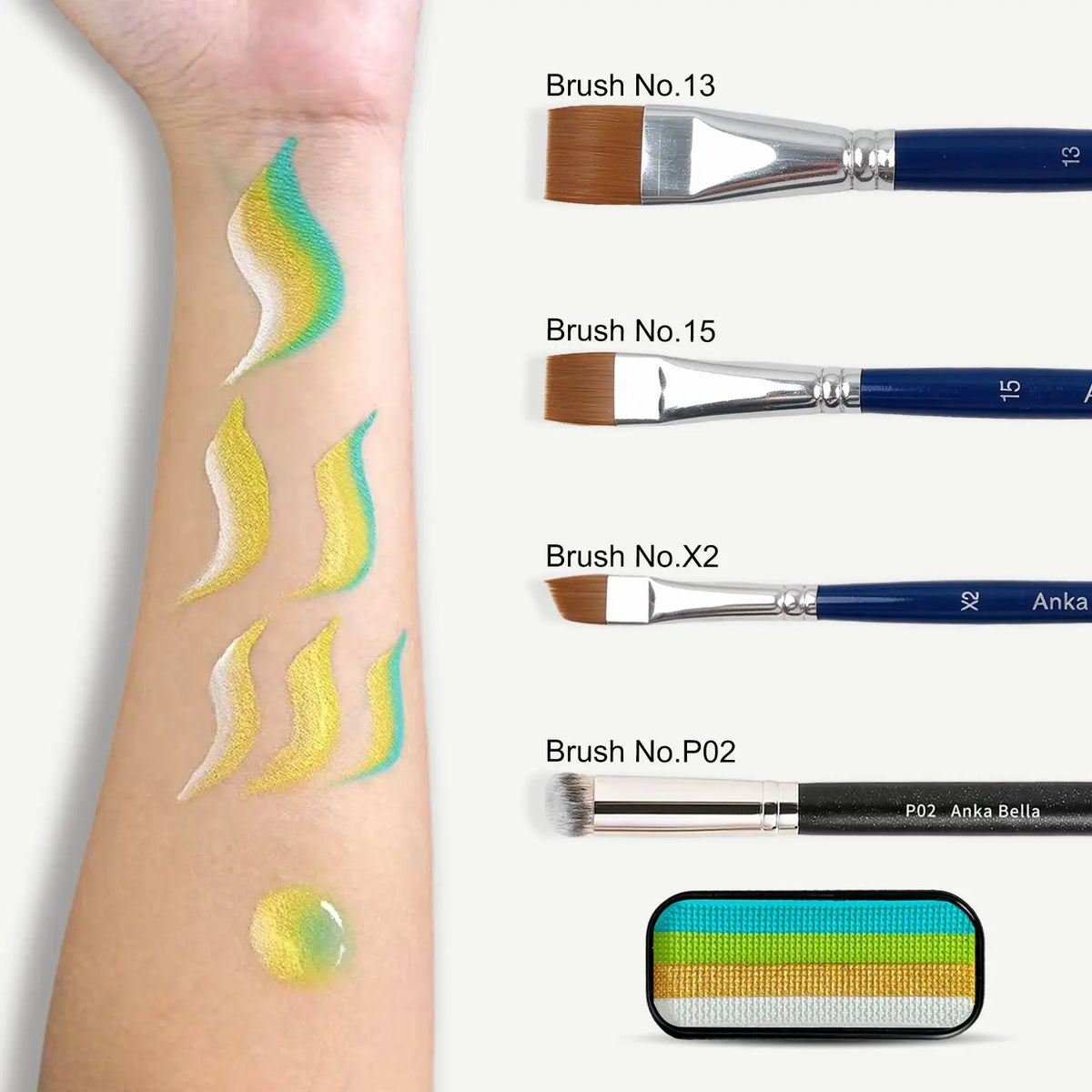 Anka Bella 4 Shade Shimmer Gold Lime Turquoise Water Activated Face Paint, Non-Toxic Skin Safe Washable Kids Body Paint for Party Cosplay Anka Bella