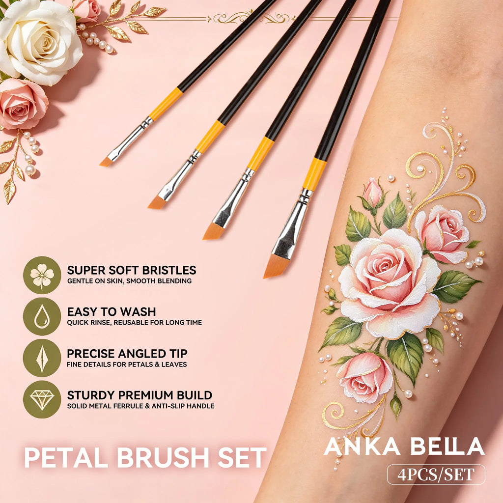 Anka Bella 4pcs petal brush set, soft angled face paint brushes with rose floral body art demo
