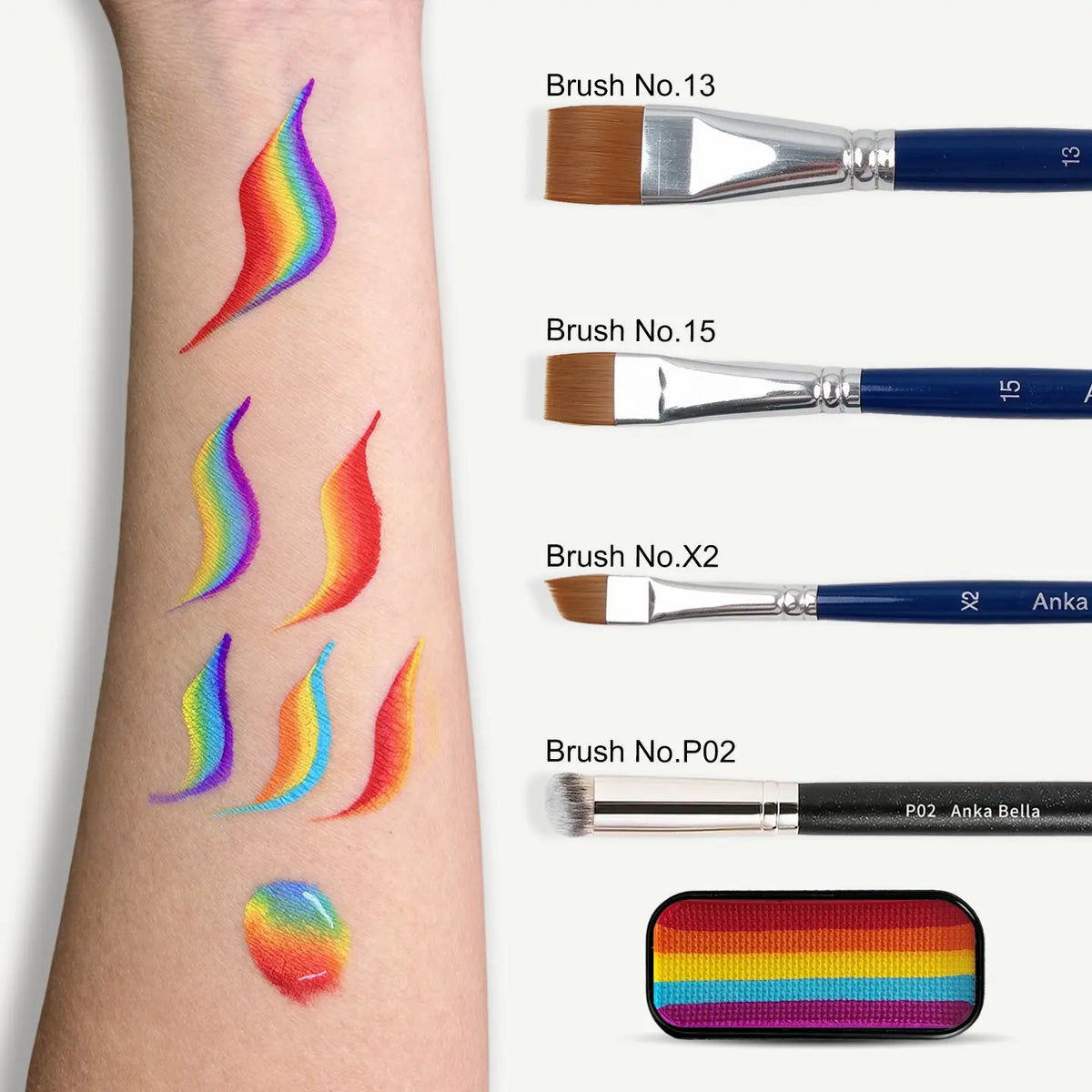 Anka Bella face paint swatch on arm with face painting brushes，rainbow