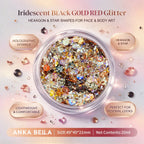 Anka Bella iridescent black gold red holographic face body glitter jar, star hexagon sequins for festival makeup