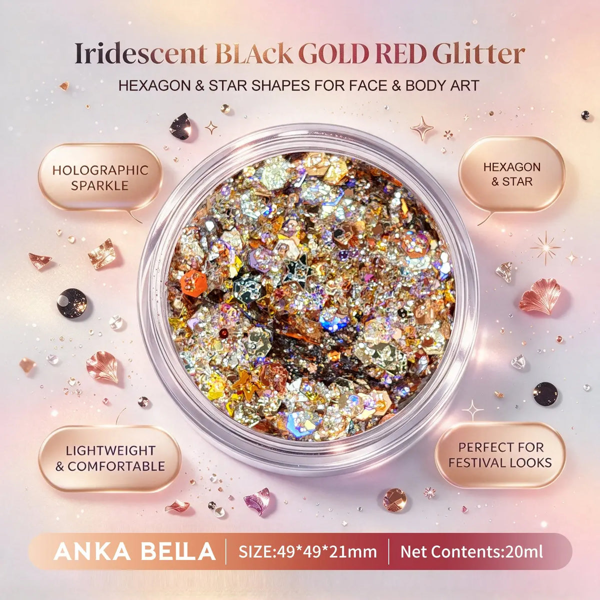 Anka Bella iridescent black gold red holographic face body glitter jar, star hexagon sequins for festival makeup
