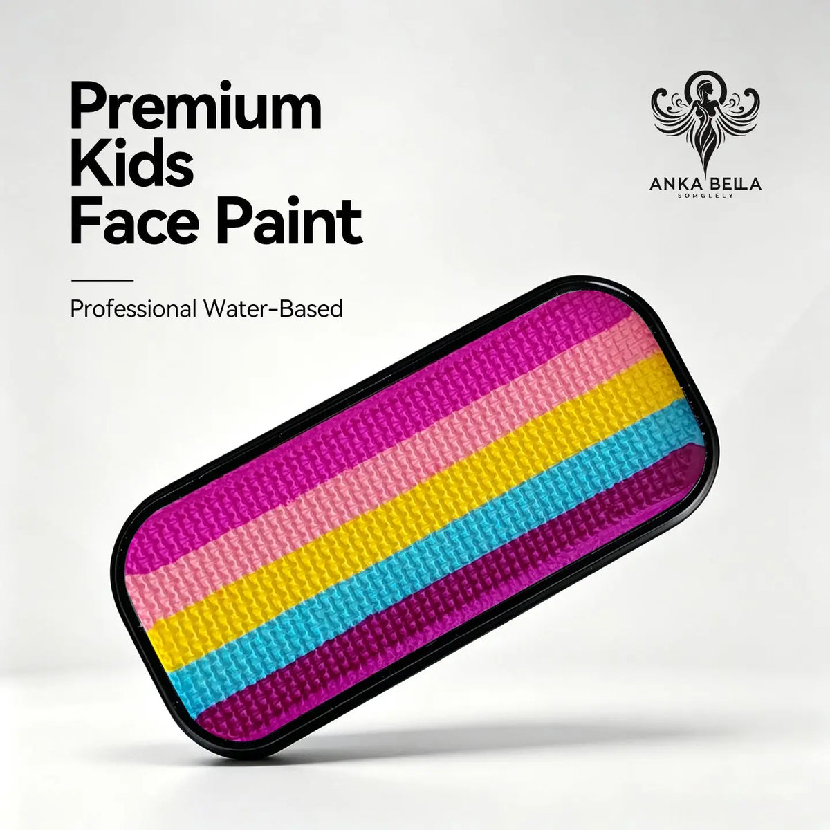 Anka Bella premium kids water-based face paint palette, 5 candy pink rainbow stripe gradient in black tin for princess birthday party face art