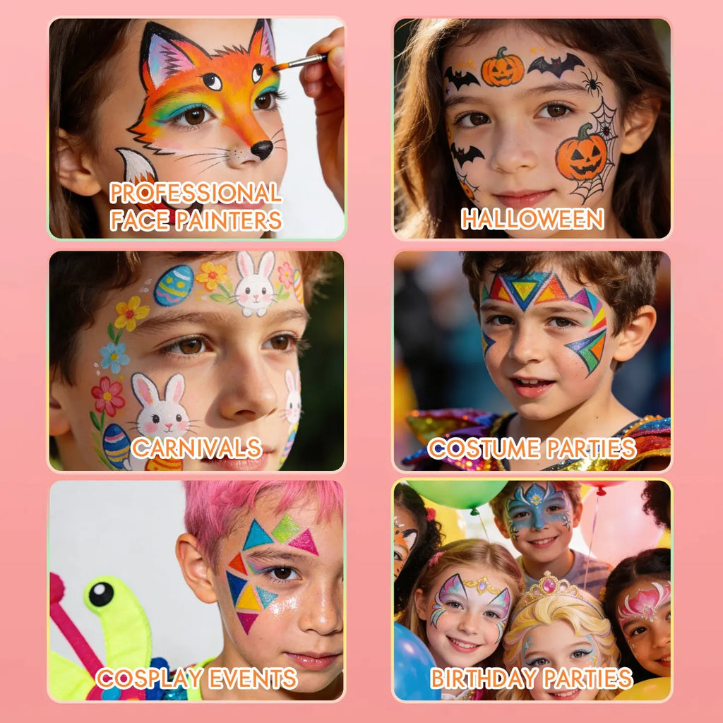 Application scenarios for Anka Bella face paint: halloween, carnival, cosplay, kids birthday costume party makeup