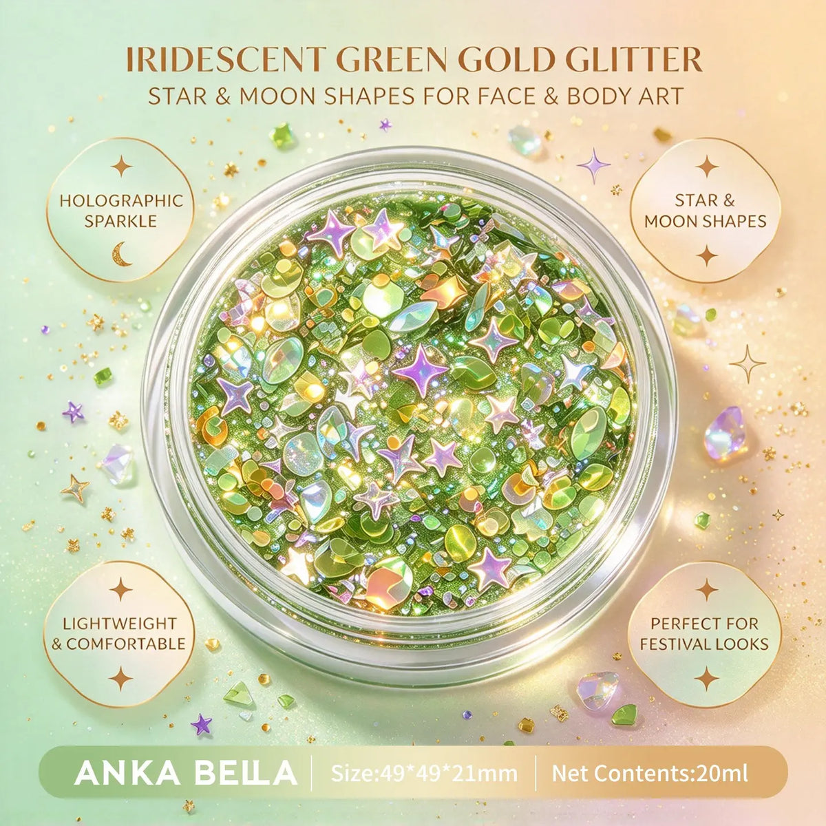 Anka Bella iridescent green gold glitter jar, star and moon holographic sequins for face body festival makeup
