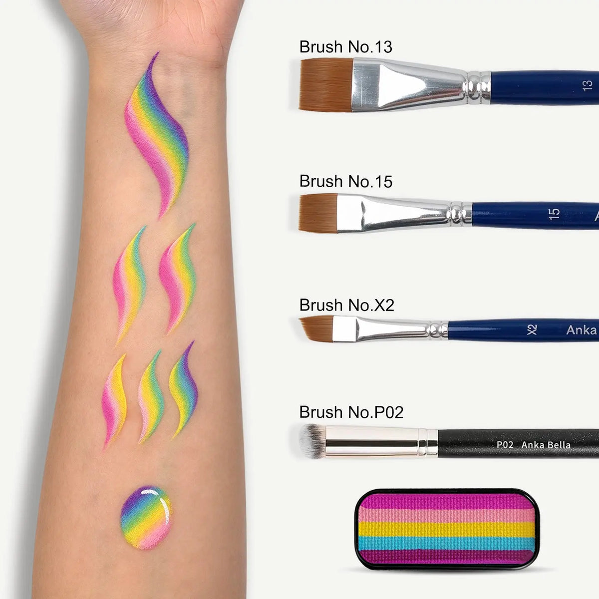 Anka Bella face paint swatch on arm with face painting brushes，pink rainbow