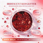 Anka Bella iridescent red holographic face body glitter jar, hexagon sequins for Valentine and festival makeup